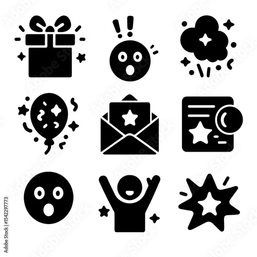 Surprise Icon Collection. Solid style icons of surprise moments: gift box burst, surprise reaction, mystery confetti, confetti