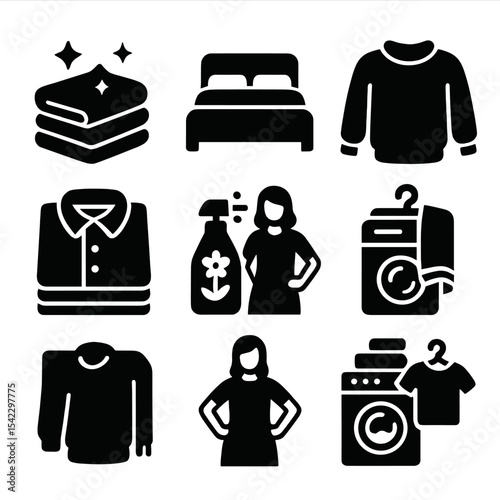 Laundry Lifestyle Icons. Solid style icons of laundry lifestyle: clean clothes stack, fresh linens, soft towel wrap, cozy sweater,