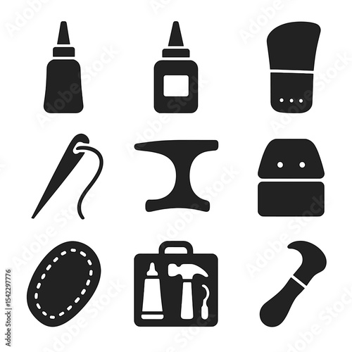 Shoe Repair Tools. Solid style icons of shoe repair tools: sole adhesive, shoe glue, replacement heel, stitching needle, shoe