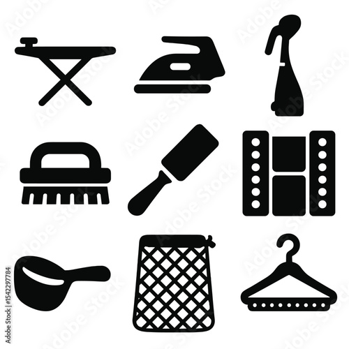 Laundry Tool Icons. Solid style icons of laundry tools: ironing board, clothes iron, garment steamer, fabric brush, lint roller,