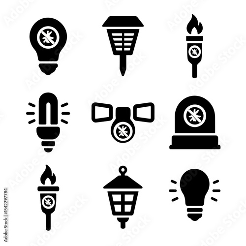 Insect-Repelling Light Icons. Solid style icons of insect-repelling lights: yellow bug light, solar lamp, citronella torch,