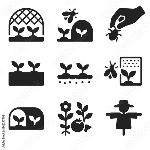 Garden Pest Protection. Solid style icons of garden pest protection: garden netting, crop cover, hand picking, raised beds, mulch
