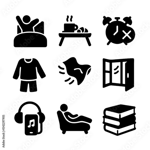 Weekend Comfort Icons. Solid style icons of weekend comfort: lazy morning, breakfast in bed, no alarm icon, cozy outfit, soft