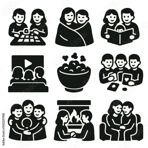 Cozy Family Activities. Solid style icons of cozy family time: board game, shared blanket, family reading, movie night, popcorn