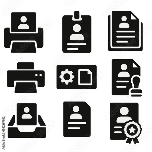 Contractor Print Icons. Solid style icons of contractor license printing: printout, printed badge, paper stack, office printer,