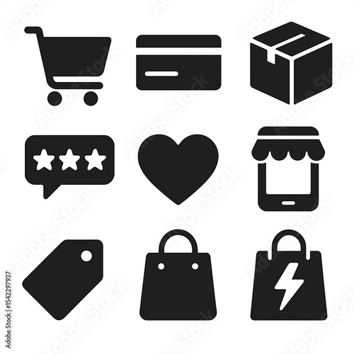 Online Shopping Icons. Solid style icons of online shopping: shopping cart, credit card, delivery box, product review, wishlist