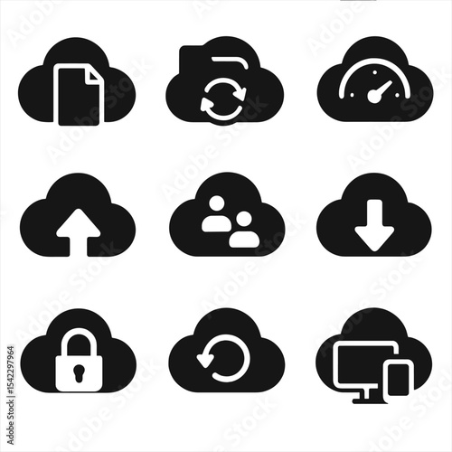 Cloud Storage Icons. Solid style icons of cloud storage: file cloud, folder sync, storage meter, backup upload, shared access,
