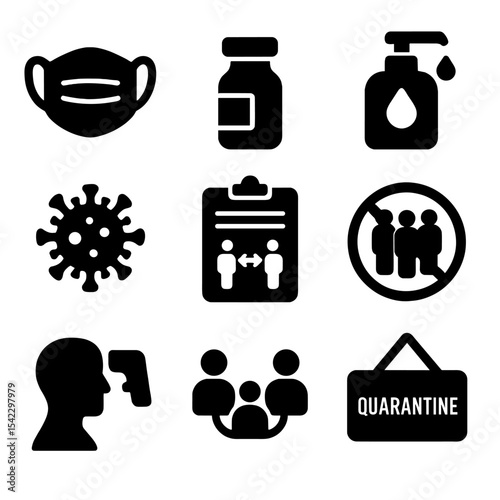 Public Health Icons. Solid style icons of public health: face mask, vaccine vial, hand sanitizer, virus icon, health guidelines,