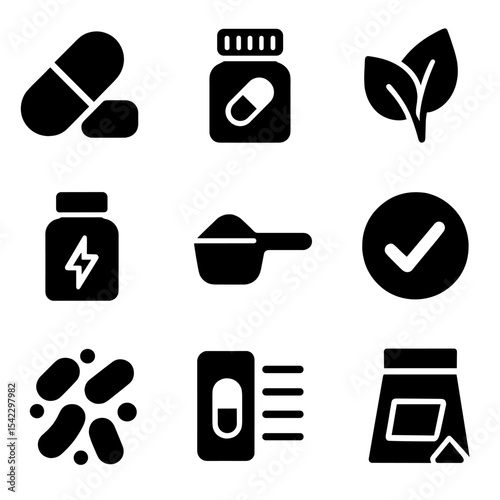 Health Supplement Icons. Solid style icons of health supplements: vitamin capsule, supplement bottle, herbal icon, energy booster,