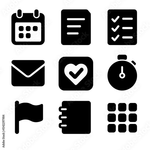Productivity App Icons. Solid style icons of productivity apps: calendar app, note-taking app, task manager, email app, habit