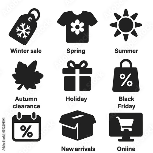 Seasonal Shopping Icons. Solid style icons of seasonal shopping: winter sale tag, spring collection, summer deals, autumn