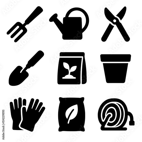 Gardening Tools Icons. Solid style icons of gardening tools: garden fork, watering can, pruning shears, soil shovel, seed packet,