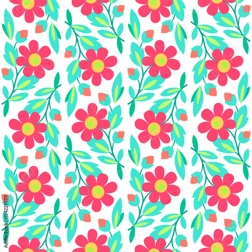 Jocund seamless pattern of flowers in folklore style. Rich positive plant ornament. Summer floral linear decor. Design element of red blue flowers on white background