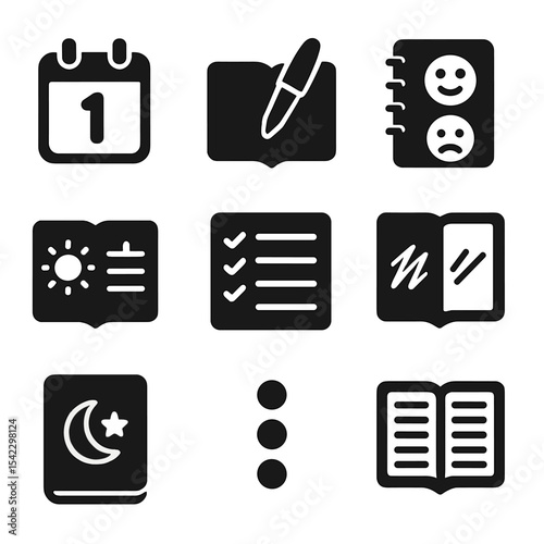 Journaling Icons Collection. Solid style icons of daily journaling: date stamp, pen and pad, mood tracker, morning page, gratitude