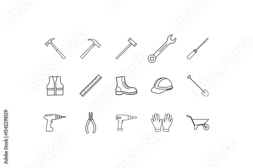 Set of 15 Construction Tools and Safety Equipment. brick hammer, claw hammer, combination wrench, ruler, safety helmet, cutting pliers, Safety Gloves, wheelbarrow and More Line Art vector