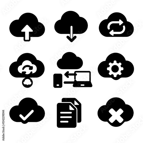 Cloud Sync Icons. Solid style icons of cloud syncing: cloud icon, upload arrow, download icon, sync arrows, version icon, cross