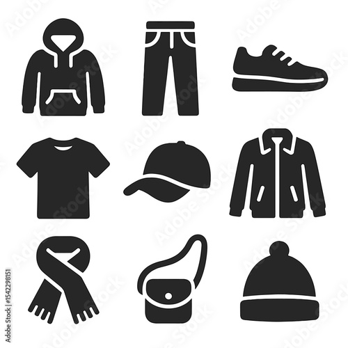 Casual Fashion Icons. Solid style icons of casual fashion: hoodie icon, denim jeans, sneakers icon, t-shirt icon, cap icon, jacket