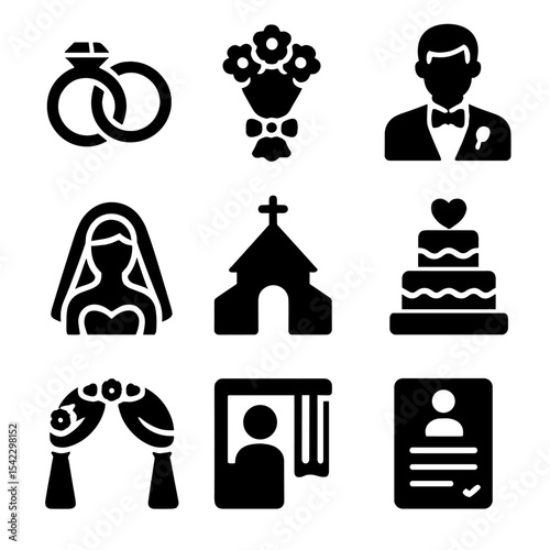 Wedding Ceremony Icons. Solid style icons of wedding ceremony: wedding rings, bouquet icon, groom icon, bride icon, chapel icon,