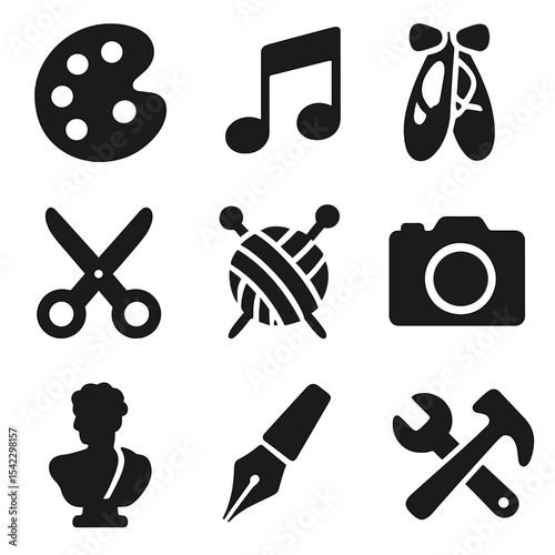 Creative Hobbies Icons. Solid style icons of creative hobbies: painting palette, music notes, dance shoes, craft scissors,