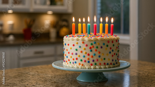 A delicious-looking, round birthday cake decorated with colorful sprinkles and lit rainbow candles sits on a cake stand in a kitchen setting.