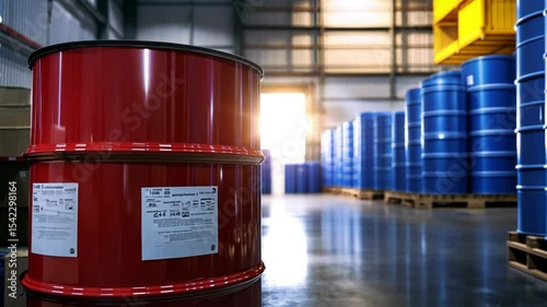 Industrial Storage: Red and Blue Barrels in Warehouse