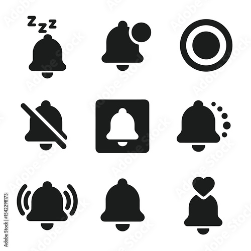 Mindful Notification Icons. Solid style icons of mindful notifications: sleep mode alert, unread bubble filter, calm ring icon,