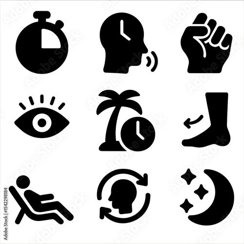 Break Reminder Icons. Solid style icons of break reminders: slow timer icon, deep breath clock, wrist movement, blink alert icon,