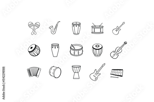 Set of 15 Musical Instrument. maracas, accordion, conga, drum, mridangam, conga, snare drum, xylophone, electric guitar, saxophone and More Line Art vector
