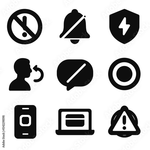 Focus Mode Icons. Solid style icons of focus mode: blocked alert icon, silent badge, distraction shield, stay on task, no ping,