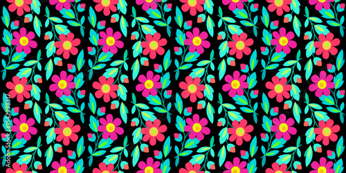 Rich seamless pattern of flowers in country style. Bright positive plant ornament. Summer floral linear decor. Design element of red blue flowers on black background