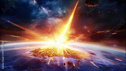 Meteorite plunges through the vastness of space against a backdrop of distant stars and cosmic colors
