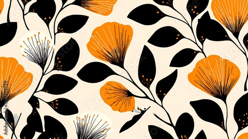 Vibrant Floral Pattern with Orange and Black Flowers