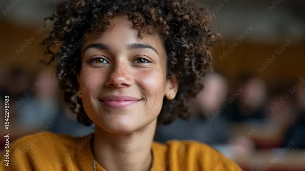 Young woman smiling in classroom setting with blurred audience in background Young woman smiling in classroom setting with blurred audience in background