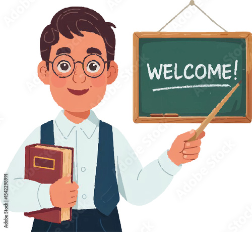 Friendly teacher welcoming students with blackboard and book in a classroom setting