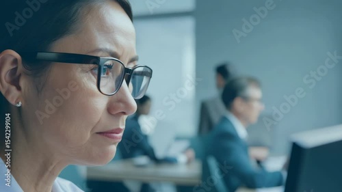 Close-up video of a middle aged Asian woman in front of laptop monitor in office. The woman’s focused expression reveals the importance of her tasks as she engages with technology.