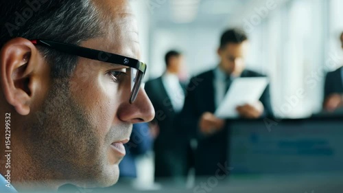 Close-up video of a middle aged Caucasian man in front of laptop monitor in office. With a serious expression, he navigates his laptop, reflecting dedication to his work and tasks. FHD footage.