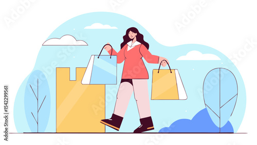 Stylish Young Woman with Shopping Bags in Trendy Outfit