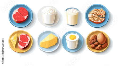 High protein foods arranged in small plates on white background Nutrition and diets
