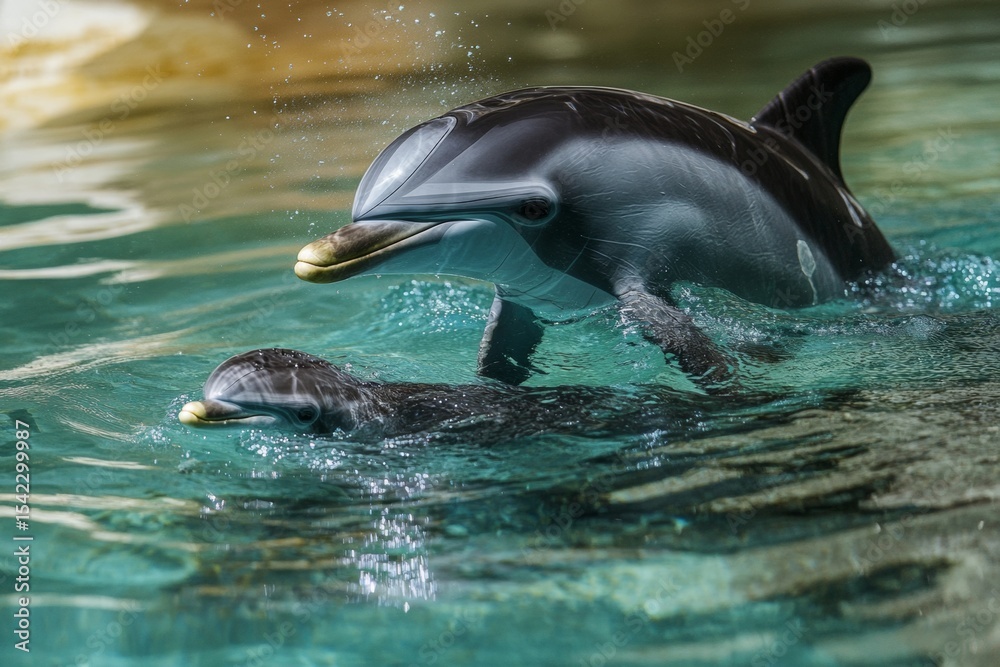Obraz premium A young dolphin calf gracefully swims next to its mother in clear blue water. Sunlight filters through, illuminating their playful movements and surroundings, showcasing marine tranquility