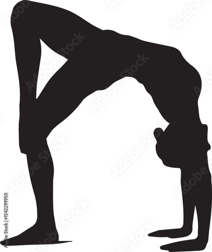 Black silhouette of a person performing yoga backbend or wheel pose on white background