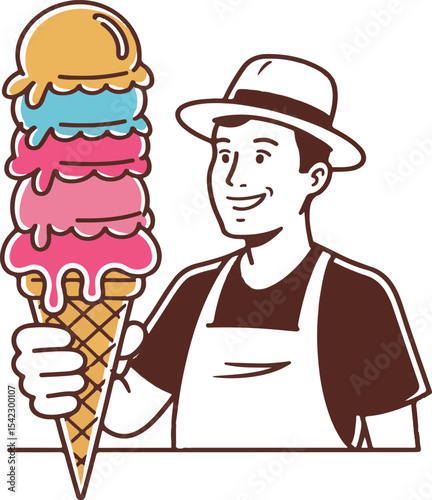 Cheerful ice cream vendor holding a large cone with colorful scoop flavors