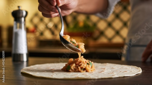 Chef preparing lobster filling for gourmet burrito in kitchen