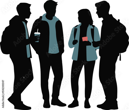 Group of silhouetted young adults in casual attire socializing and hanging out together
