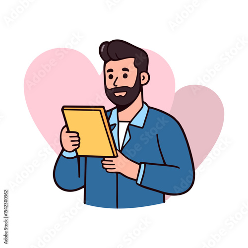 Man with focused expression reading a report from a tablet