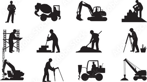 Ten Black Silhouettes Construction Workers Excavators Cement Mixer Survey Equipment vector