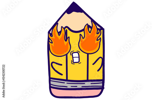 Cute Yellow Pencil Mascot Stickers With Burning Spirit with Fiery Eyes expression