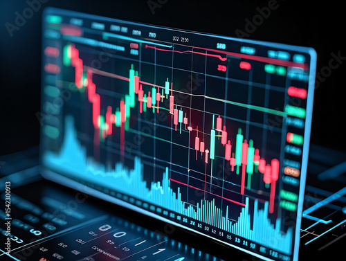 Close up of a stock market chart on a computer screen showing red and green candlesticks and data points