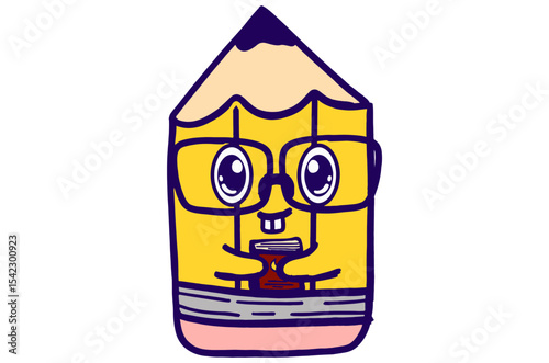Cute Yellow Pencil Mascot Stickers With Smart Bookworm Expression While Hugging a Book	