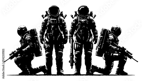 A black and white silhouette of astronauts in spacesuits armed with blasters against a white isolated background. Vector graphics. EPS.