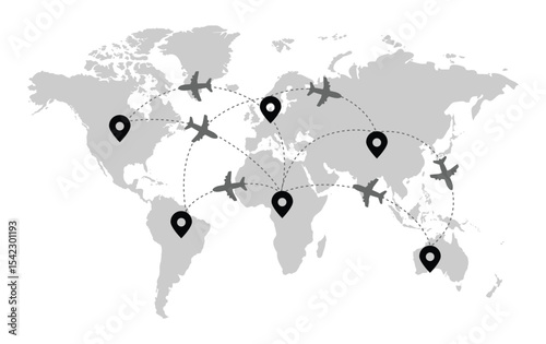 Global Airplane Routes on World Map Vector. Worldwide Travel Network, International Flights, Global Logistics, Aviation Concept, Black Icons on Grey Map